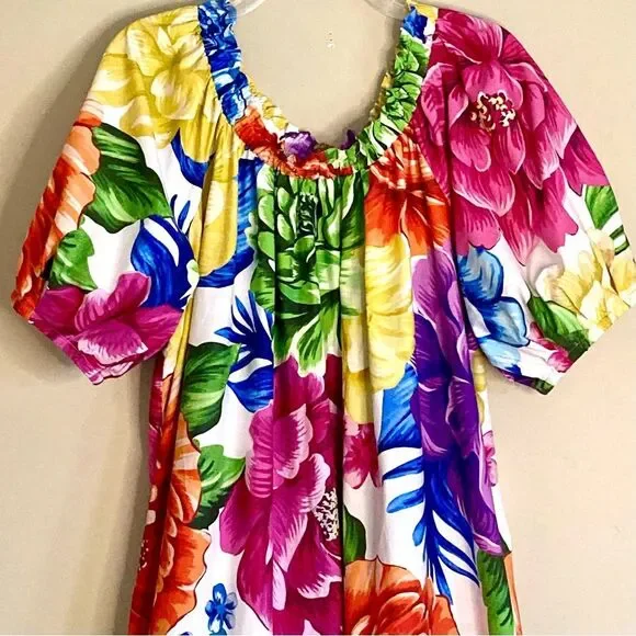 NEW FARM Rio Rainbow Chita Off Shoulder Maxi Dress Puff Sleeve Pink Floral L/XL - Picture 7 of 16